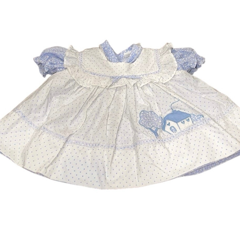 Rare 90s Vintage Mayfair Dress 18 Months Floral Blue & White Peter Pan Collar